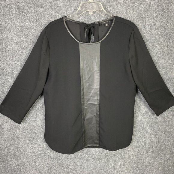 Ann Taylor Black Top 3/4 Sleeve Front Leather Panel Women M Keyhole & Tie Back - Picture 6 of 10